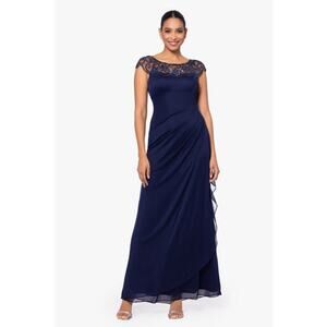 Xscaps "Cora" Sheer Matte Jersey Side Ruched Gown Navy Blue Size 14 NWT